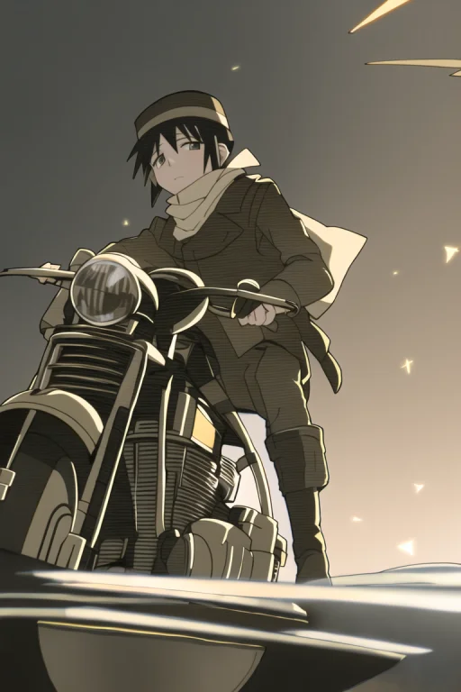 Kino1.1, Absurdres, Highres, 1boy, Green Clothes, Riding Mot...