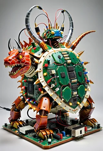Dense Circuitry, Bowser Dragon Turtle Constructed Entirely F... — SDXL AI Prompt: dense circuitry, Bowser dragon turtle constructed entirely from layered circuit...