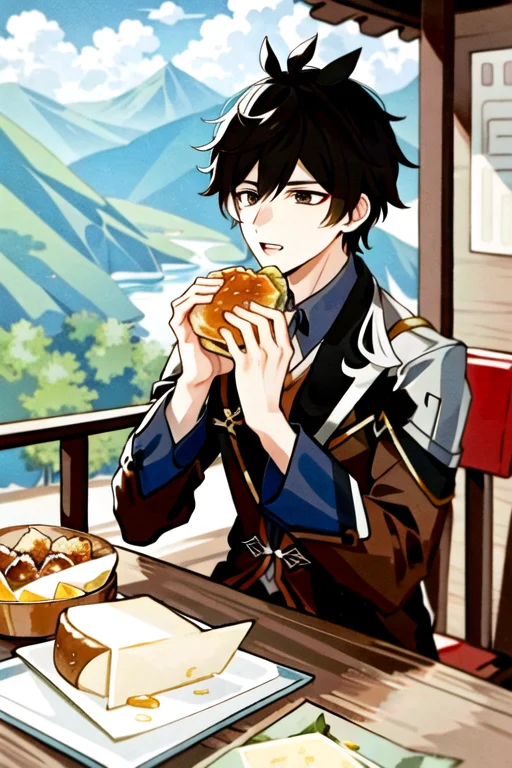 Zhongli, Brown Jacket, Eating A Hamburger, Nom Hamburger, Lo...