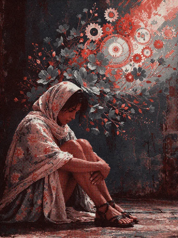 Dcc3ldyns. A Woman Sits In Three-quarter Profile Her Knees D...