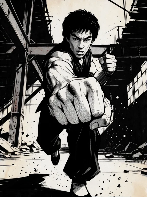 A Black And White Dynamic Comic Illustration Of Bruce Lee Pe...
