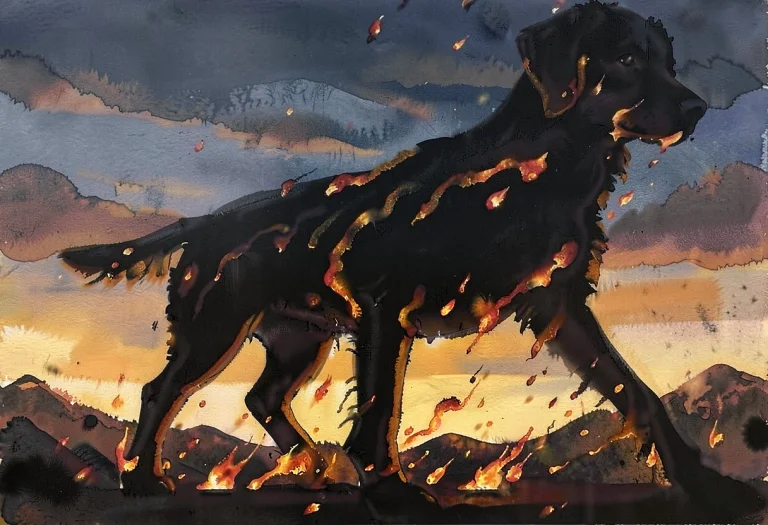 A Hound Made Of Shifting Shadow And Ember, Gouache Painting,...