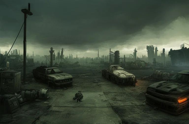 Post Apocalyptic Cyber Punk Junkyard, Dark Scifi Style, Blac...