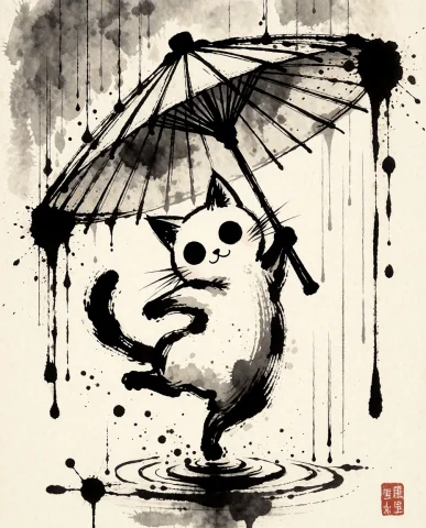 Masterpiece,very Aesthetic,sumiink, 1animal, White Cat Black... — Stable Diffusion AI Prompt: masterpiece,very aesthetic,SumiInk, 1animal, white cat black eyes in dancing und...