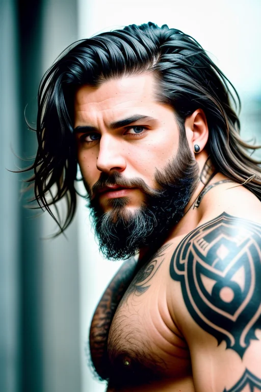Medium Shot Modelshoot Of Brutal Rocker Male , Thick Beard,...