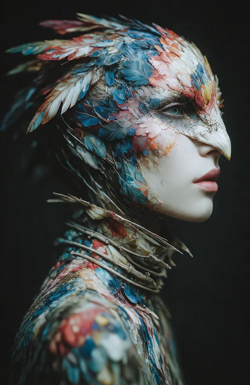 A Woman With A Bird-like Feathers Vibrant Colors High Aesthe...