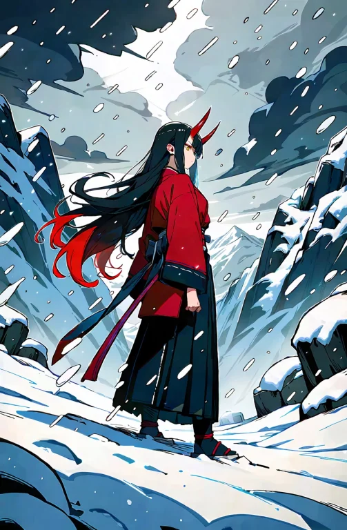 1girl, Solo, Full Body, Oni Girl, Two Short Red Horns, Long...
