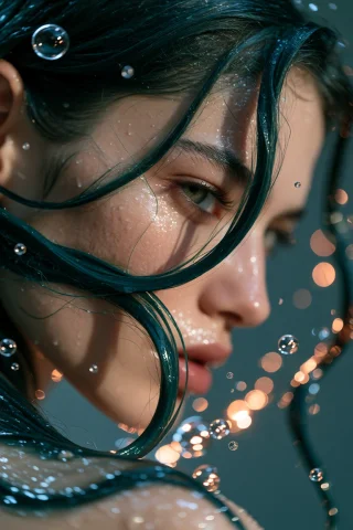 Midjourney An Extreme Close Up Shot Of A Person With Long, D... — Stable Diffusion AI Prompt: midjourney an extreme close up shot of a person with long, dark, wet teal hair p...