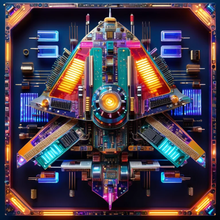Space Ship Made Out Of Colorful Transistors ,dense Circuitry...