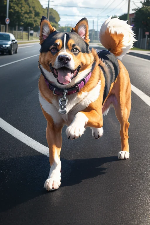 Anime Dog Chasing A Car Down A Road,, Best Quality, Ultra Hi...