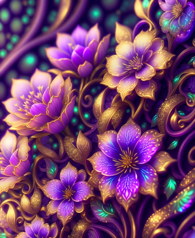 Ornate Pattern And Abstract Flowers And Vines, Gold And Irid...