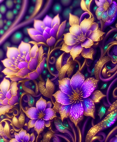 Ornate Pattern And Abstract Flowers And Vines, Gold And Irid... — Stable Diffusion AI Prompt: ornate pattern and abstract flowers and vines, gold and iridescent, Southern lig...