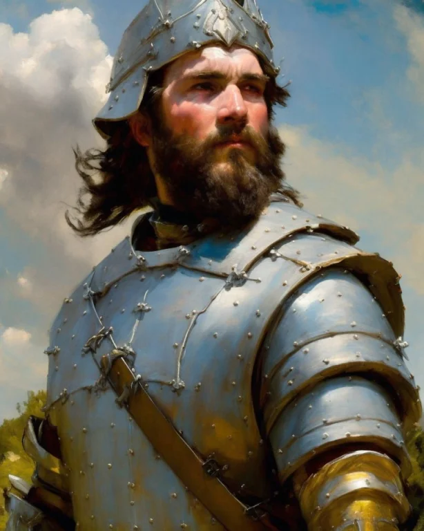 Closeup Portrait Painting Of A Knight In Armor, Outdoors Und...
