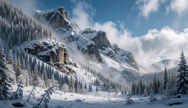 A Vast, Snow-covered Mountain Valley Bathed In Crisp Winter...