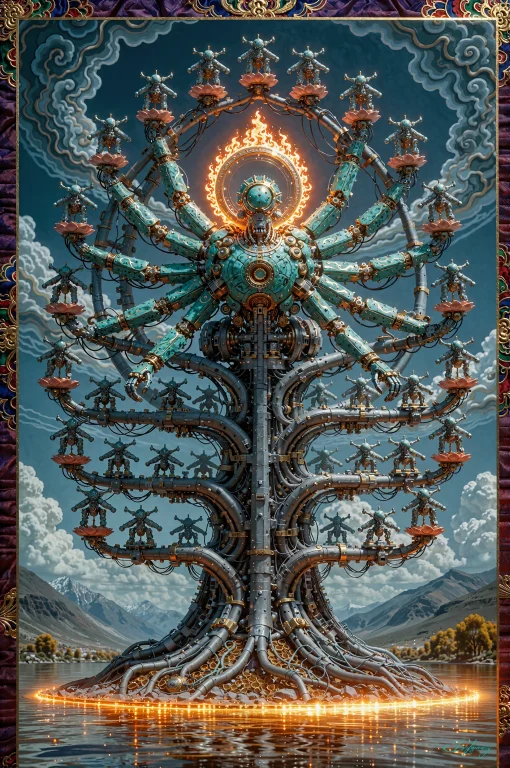 Science Fiction, Tibetan Thangka Painting, A Refuge Tree Bui...