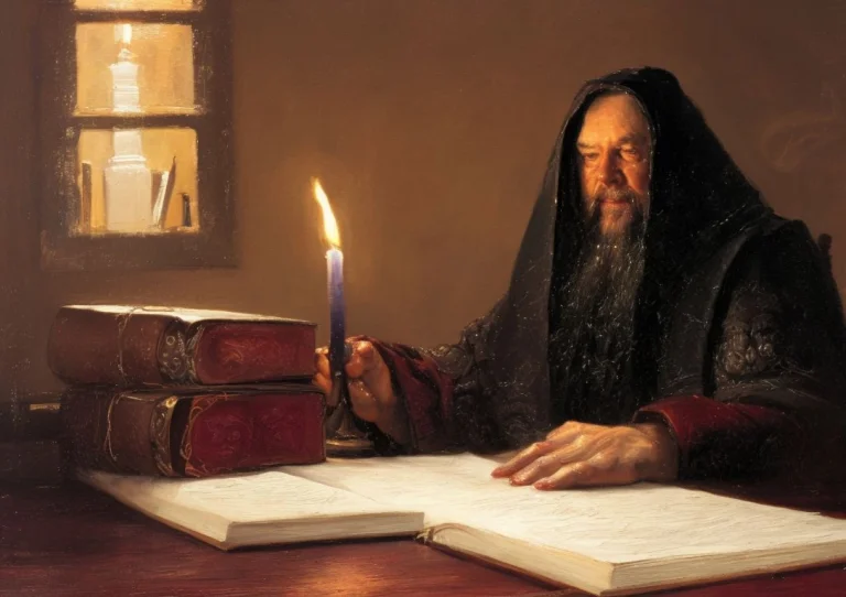A Painting Of A Wizards Study, A Wizard In Long Burgundy And...