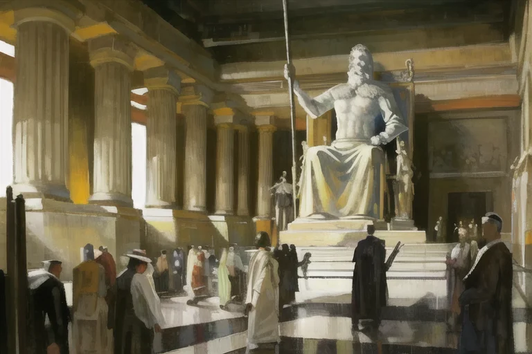 A Painting Of A Statue Of A Man Holding A Staff In A Room Wi...