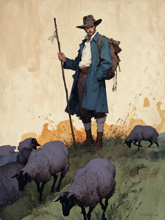 Bradhamel Art Style. A Lone Shepherd In A Wide-brimmed Hat A...