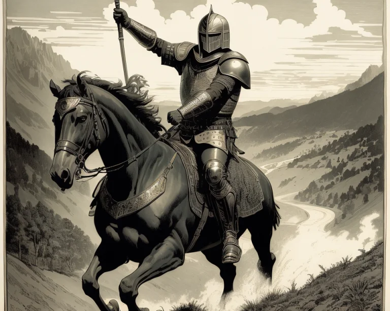 Professional Woodcut Of A Helmeted Knight Riding Across The...
