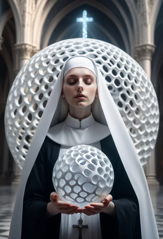 8k, Raw Digital Photo, A Solemn Nun Holding A Gigantic White...