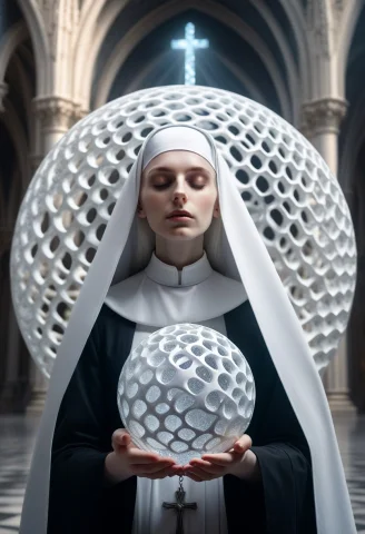 8k, Raw Digital Photo, A Solemn Nun Holding A Gigantic White... — SDXL AI Prompt: 8k, Raw digital photo, a solemn nun holding a gigantic white matte gyroid lattic...