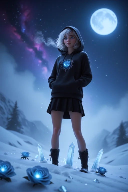 1girl, Solo, Black Hoodie, Hood Up, Black Skirt, Black Winte...