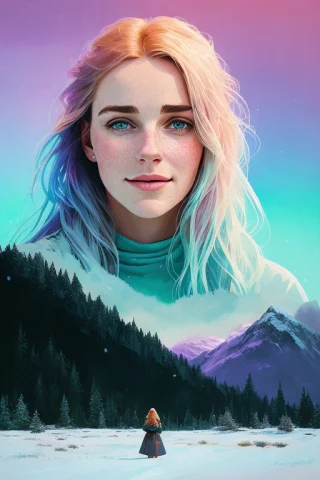 Portrait Of Beautiful Smiling Woman With Some Freckles, Snow... — Stable Diffusion AI Prompt: portrait of beautiful smiling woman with some freckles, snow-covered mountain la...