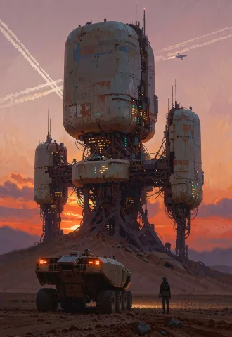 This Is A Post-apocalyptic Landscape At Sunset. The Central... — Stable Diffusion AI Prompt: This is a post-apocalyptic landscape at sunset. The central focus is a large, im...