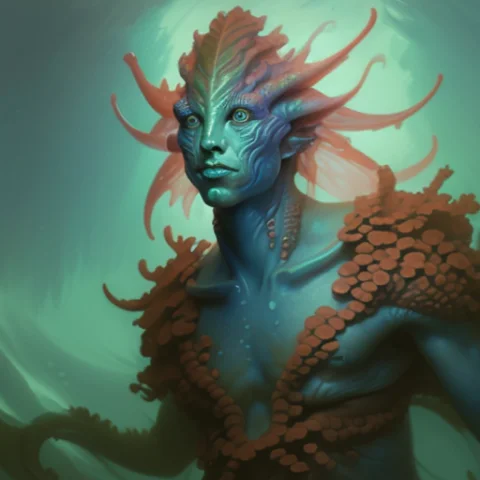 Close-up Portrait Of A Atlantian Coral Merfolkperson, Fantas... — Stable Diffusion AI Prompt: Close-up Portrait of a Atlantian coral Merfolk_Person, Fantasy, Medieval, Volume...