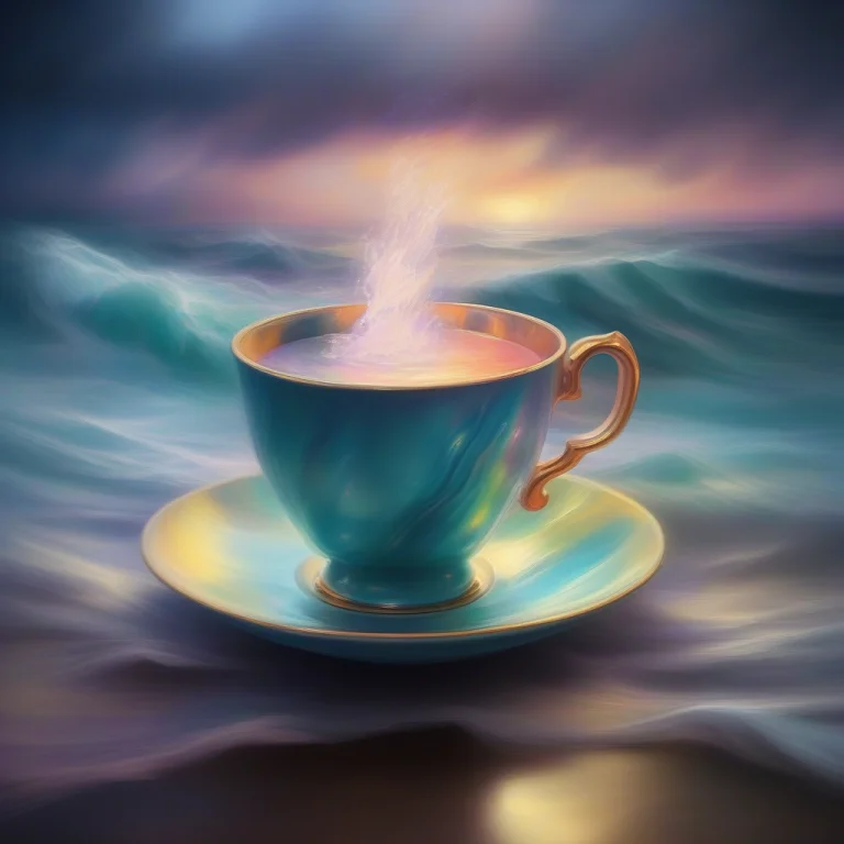 A Teacup Holding A Small Stormy Sea, Oil Painting, Iridescen...