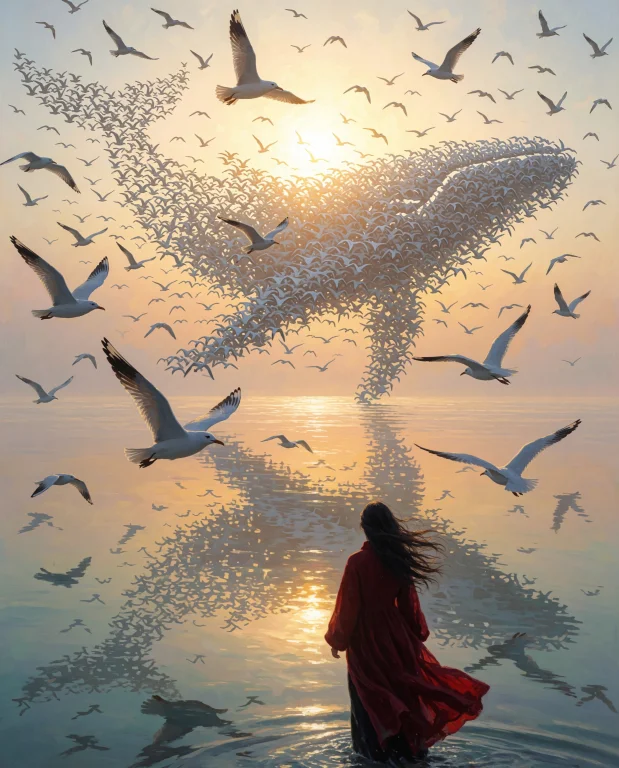 A Solitary Woman Stands On The Edge Of A Vast Mirror Still S...