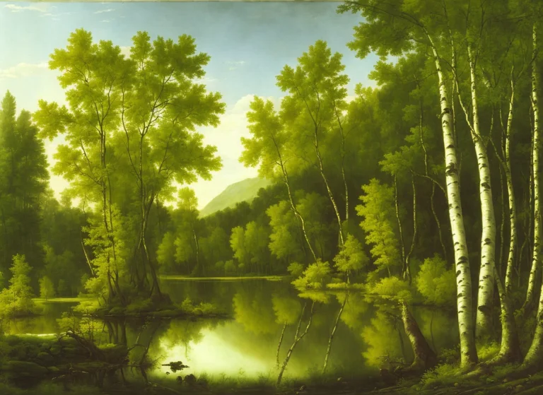 A Lush Green Forest, Birch Trees, Pond, By Asher Brown Duran...