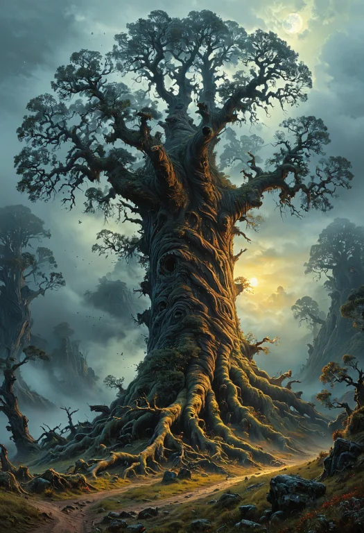 Old Spooky Gnarled Tree, Lonely Giant Tree, Fog, Mist, Encha...