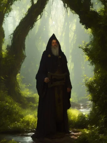 A Solitary Mage In An Enchanted Forest, The Lone Wizard Hold... — Stable Diffusion AI Prompt: a solitary mage in an enchanted forest, the lone wizard holds magical energy sum...