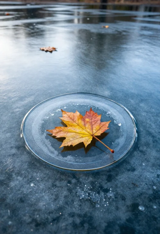 A Single Burning Autumn Leaf Floating On A Frozen, Glass-lik...