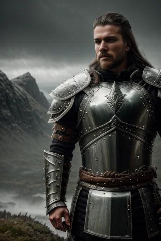 Portrait Photo Of A Brutal Nordic Warrior, Wearing Intricate... — Stable Diffusion AI Prompt: portrait photo of a brutal nordic Warrior, wearing intricate steel armor, holdin...