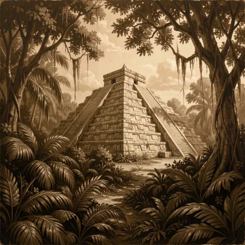An Aztec Pyramid Rising Above Dense Jungle, Plein Air Painti... — Stable Diffusion AI Prompt: an Aztec pyramid rising above dense jungle, plein air painting, studio lighting,...