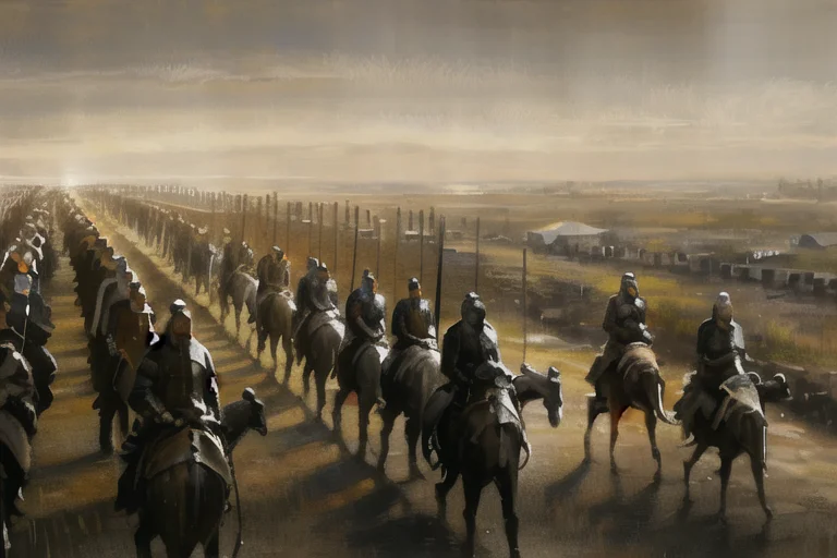 A Group Of Men In Armor Walking Down A Street Next To A Line...