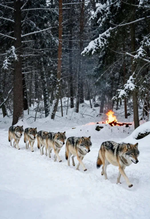 A Wolf Pack Crossing A Snow-laden Forest, Firelight, Grainy...