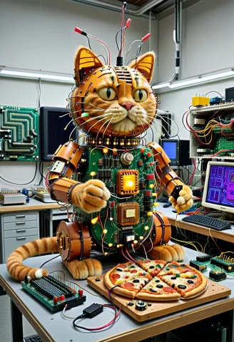 Dense Circuitry, Garfield Cat Constructed Entirely From Laye... — SDXL AI Prompt: dense circuitry, Garfield cat constructed entirely from layered circuit boards a...