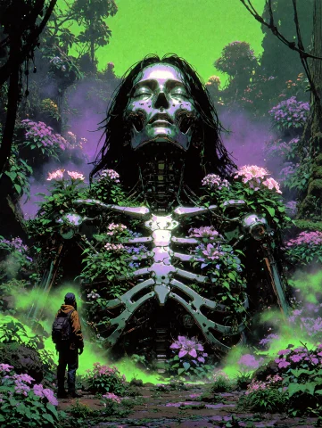 Lorakr2virelia0.9, Wide Shot Of A Colossal Sleeping Titan Ha... — Stable Diffusion AI Prompt: , wide shot of a colossal sleeping titan half-sunk in a strange forest. polished...