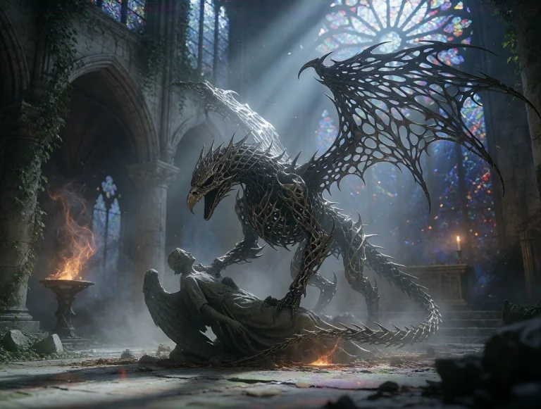 A Massive Chimera Forged Entirely From Obsidian Filigree Cla...