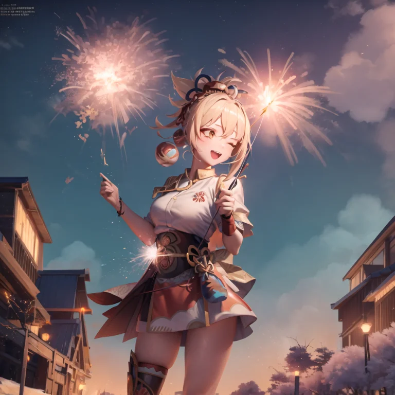 Yoimiya Genshin Impact Holding A Sparkler, Happy, Inazuma At...