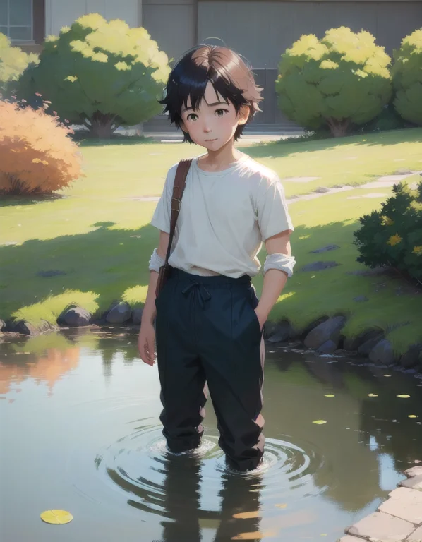 A Happy Little Boy Playing With Toys By The Lake, Simple Art...