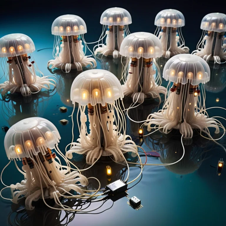 A Flock Of Electronic Medusas Is Floating In The Water They...