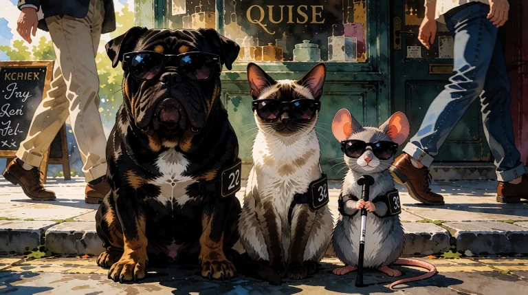 No Humans, A Black Bulldog, A Siam Cat And Agrey Mouse Are S...