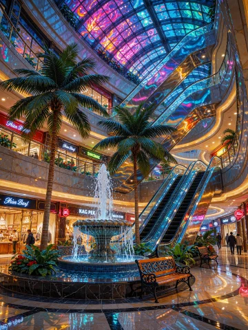 A Vibrant Anime-style Illustration Of An Indoor Mall Fountai... — Stable Diffusion AI Prompt: A vibrant anime-style illustration of an indoor mall fountain, rendered in satur...