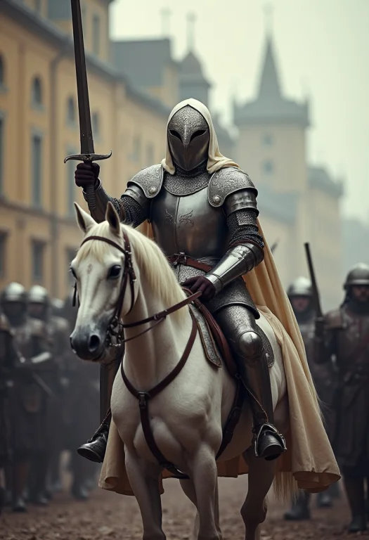 14th Century Knight, Plate Armor, White Hooded Cloak, Helm W...