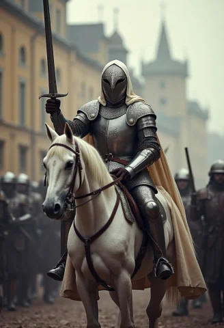 14th Century Knight, Plate Armor, White Hooded Cloak, Helm W... — FLUX AI Prompt: 14th century knight, plate armor, white hooded cloak, helm with owl design face,...