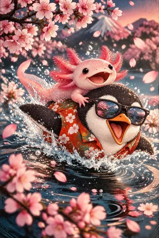 Make The Duck A Penguin In Sunglasses And A Hawaiian Shirt A... — Stable Diffusion AI Prompt: make the duck a penguin in sunglasses and a Hawaiian shirt and replace the fish...